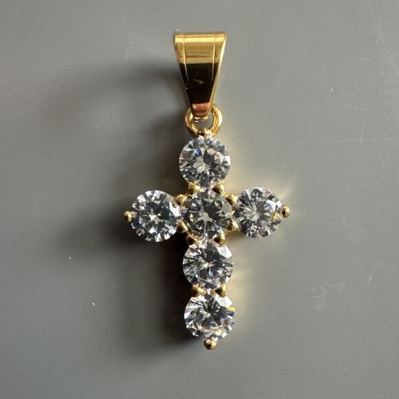 Cubic Zirconia Stainless Steel Cross Pendant Gift Trendy 24” Necklace Gold Tone - Picture 1 of 6
